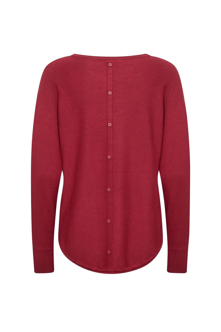 Chandail léger rouge à encolure ronde, coupe décontractée, boutons au dos et ourlet arrondi.