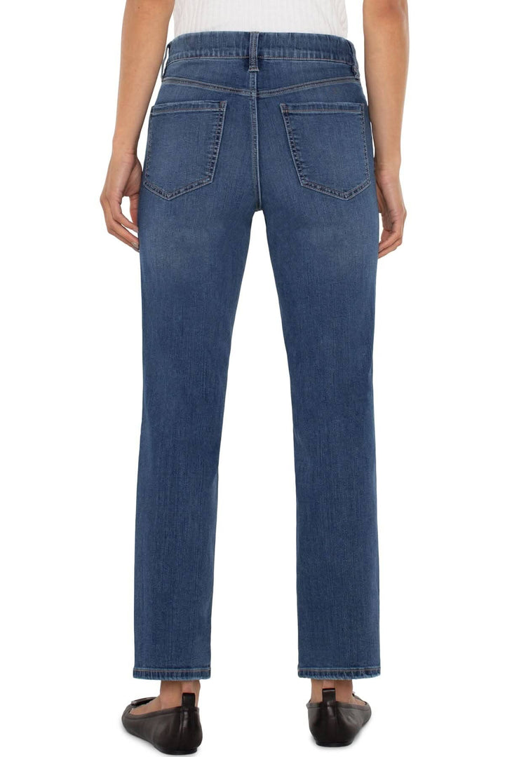 Vue arrière des jeans à enfiler jambe droite, avec poches fonctionnelles et coupe élégante.