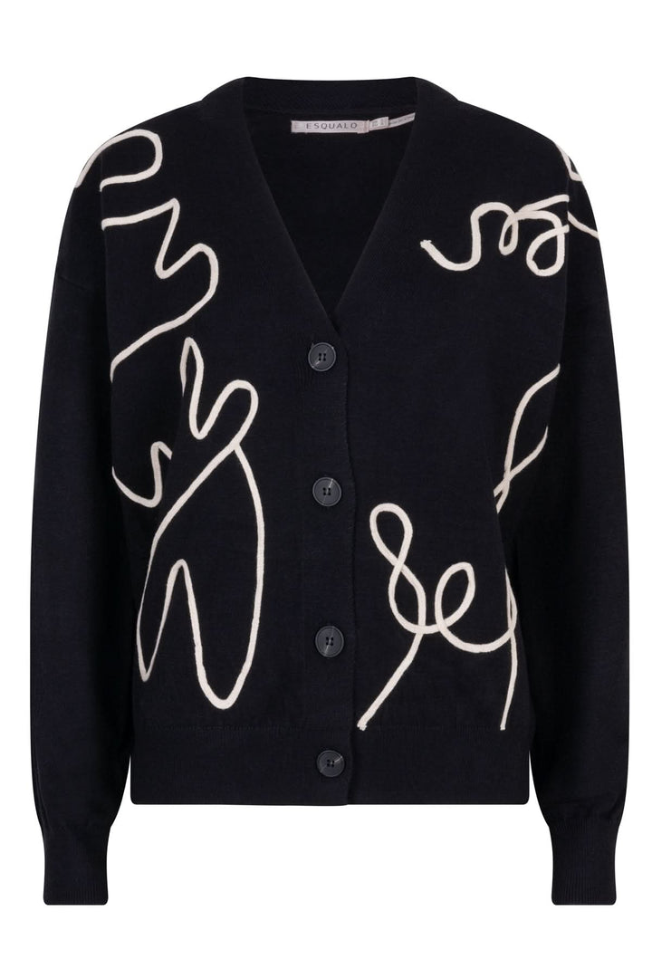 Cardigan graphique en maille douce avec motifs abstraits contrastants et col en V, style moderne et décontracté.