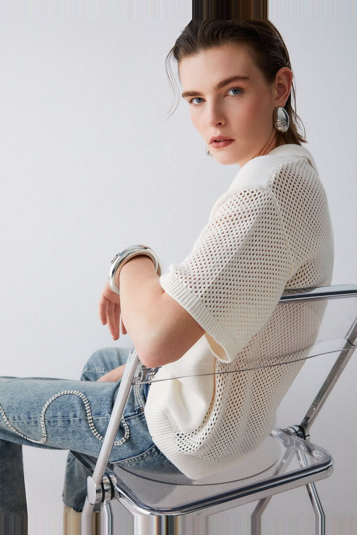 Chandail en maille avec col polo et strass