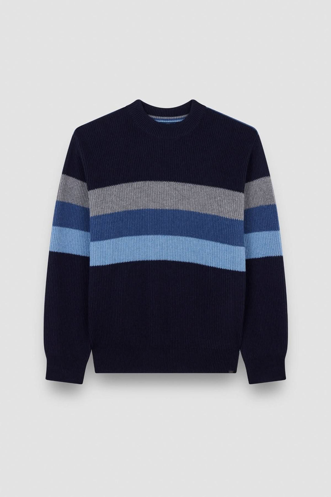 Chandail en maille à rayures texturées bleu et gris, col montant, coupe droite, essentiel pour le style urbain.