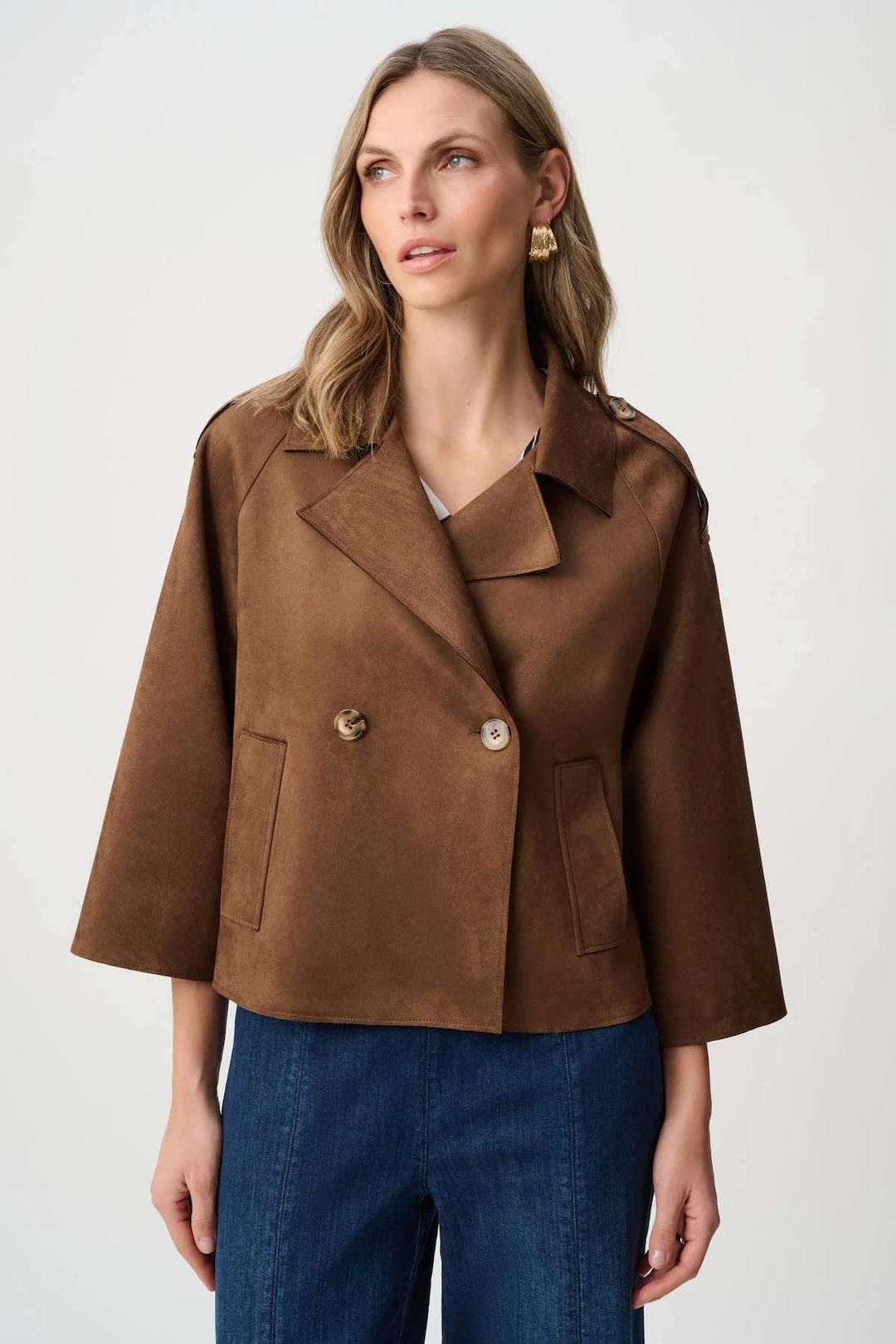 Front view of a short beige suede Joseph Ribkoff jacket with sleeves and gold buttons - Valérie Simon