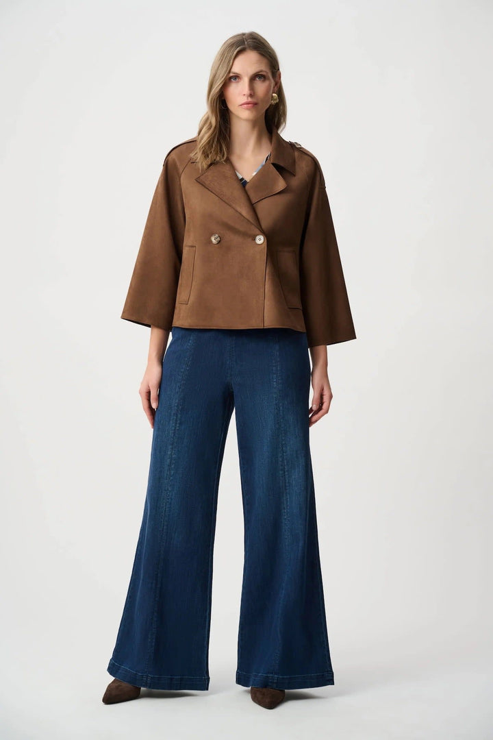 Side view of a short, brown suede-look Joseph Ribkoff jacket with a notched collar - Valérie Simon