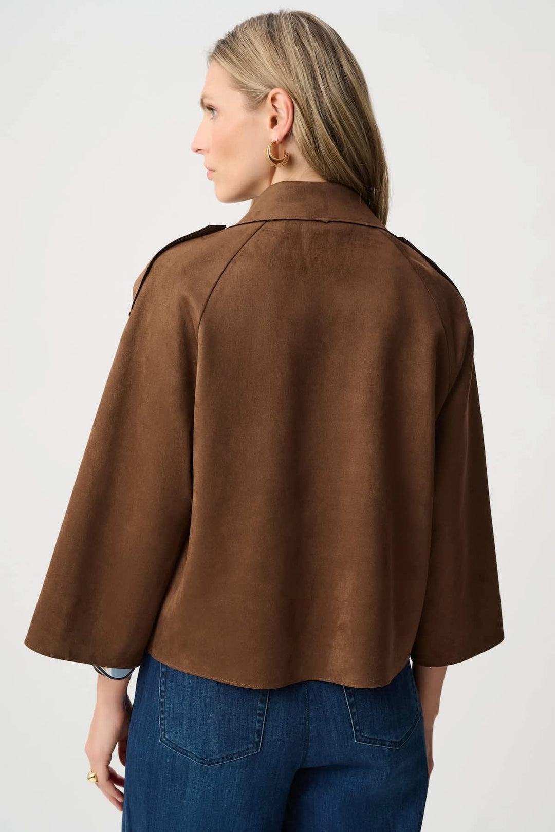 Front view of a short brown suede Joseph Ribkoff jacket for women with embellished buttons - Valérie Simon