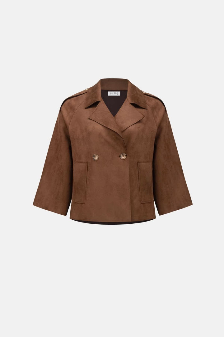 Front view of a brown Joseph Ribkoff short suede-look jacket with sleeves - Valérie Simon