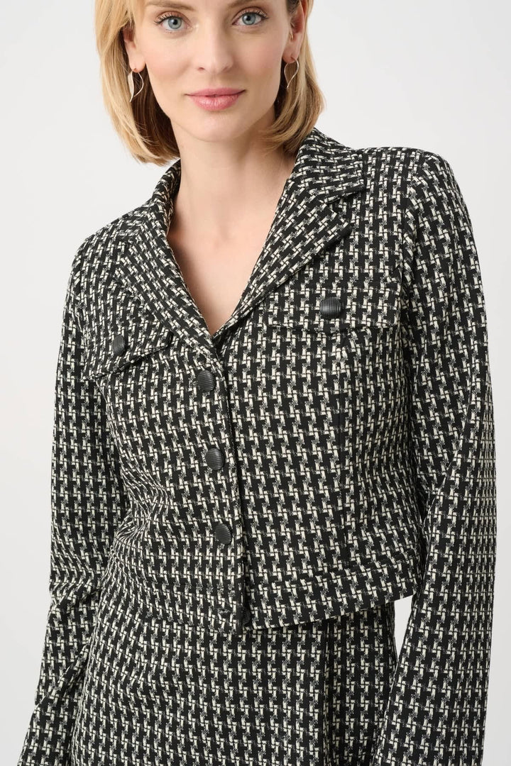 Front view of a short, black, textured-knit jacket by Joseph Ribkoff for women - Valérie Simon