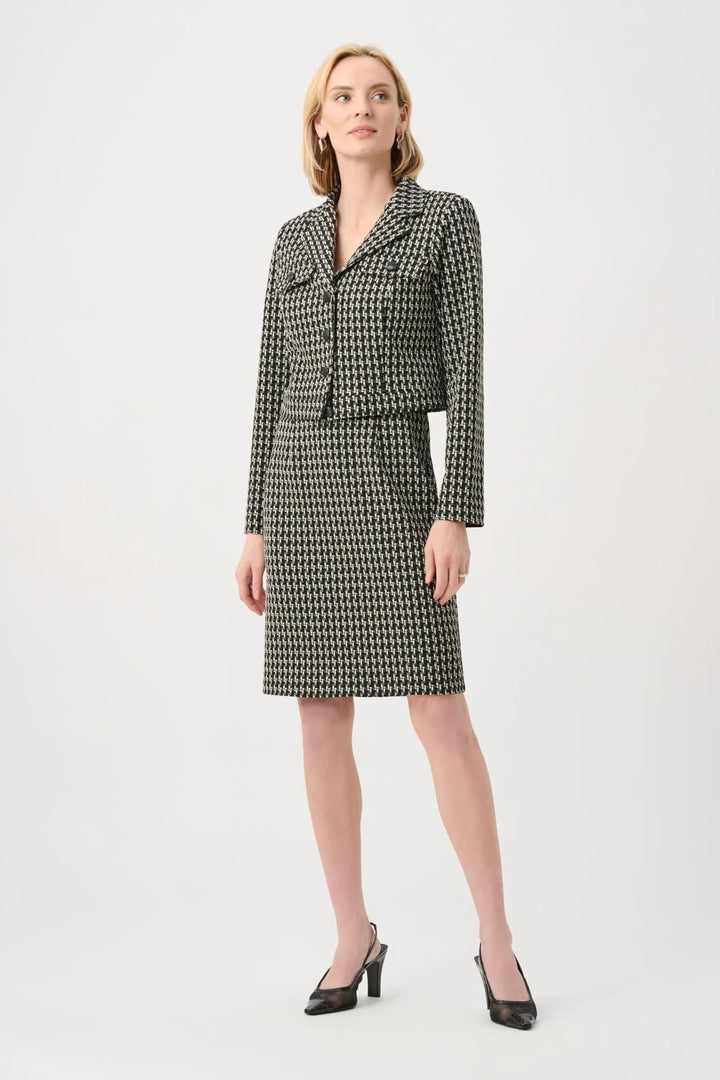 Front view of a short, textured-knit Joseph Ribkoff jacket for women in black with gold buttons - Valérie Simon