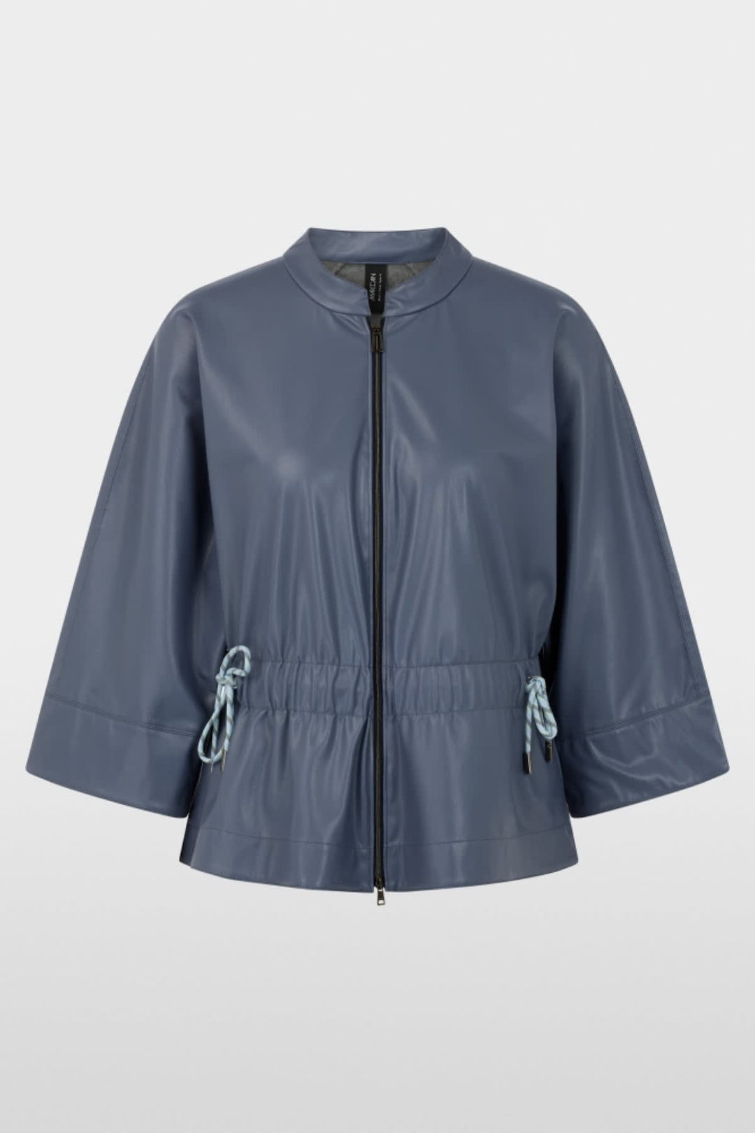Side view of a black Marc Cain faux leather jacket for women with zipper details - Valérie Simon