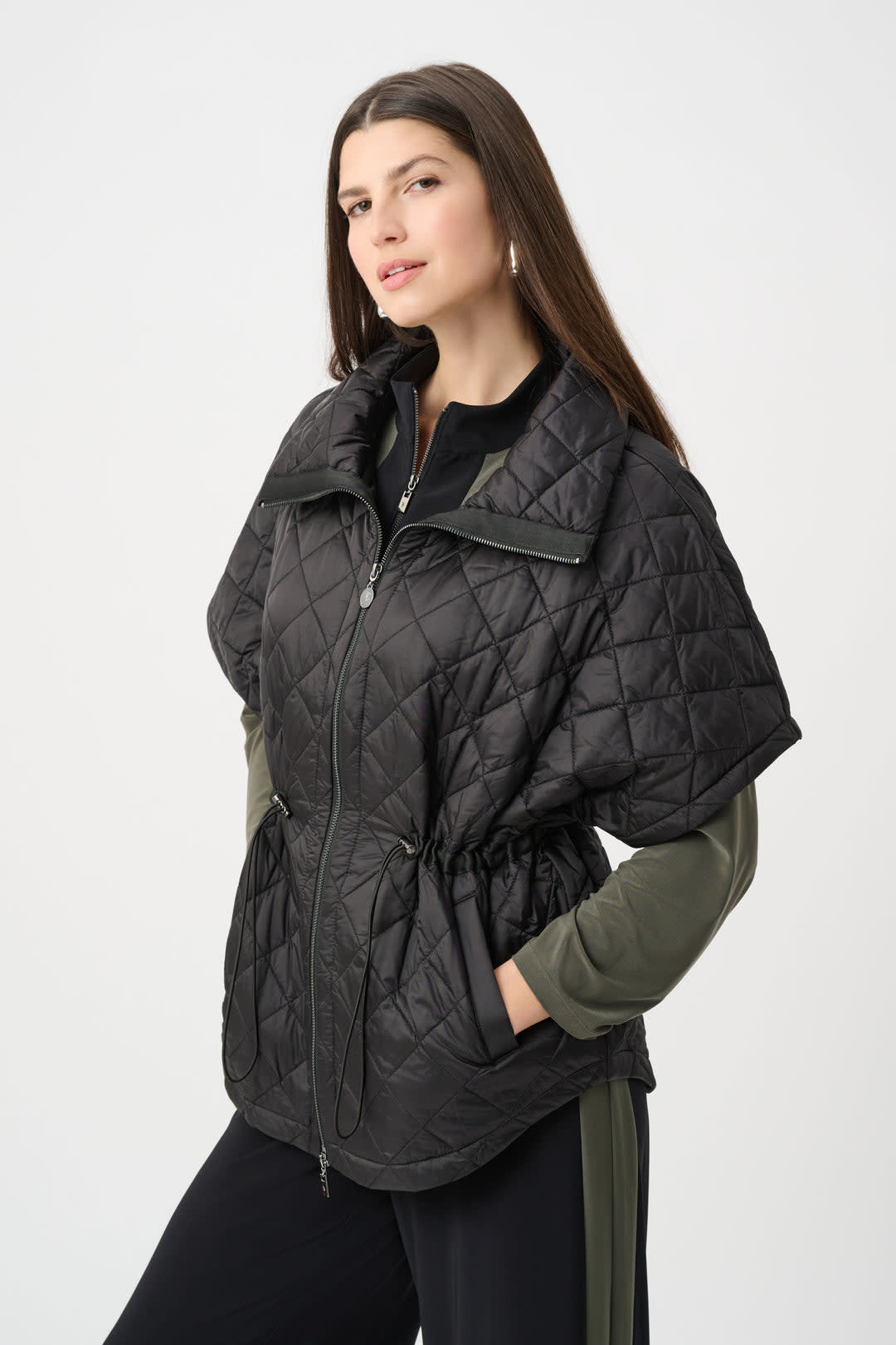 Front view of a black quilted sleeveless jacket by Joseph Ribkoff for women - Valérie Simon