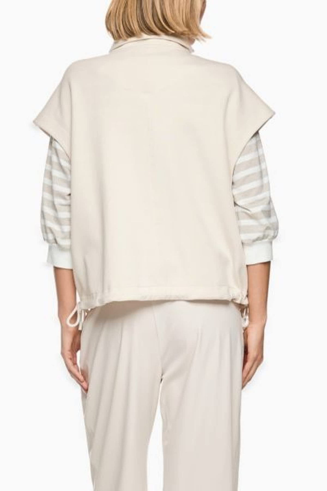 Front view of a black Marc Cain sleeveless jacket with a high collar and gold buttons - Valérie Simon