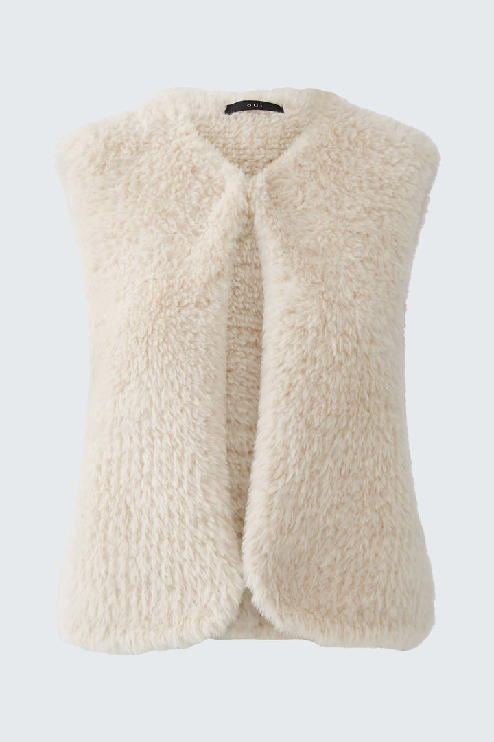 Vue de face veste sans manches effet fourrure Oui pour femme beige avec poches - Valérie Simon