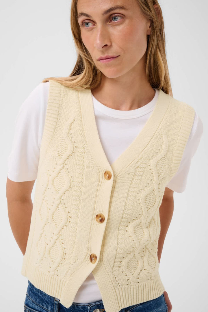 Vue de face veste sans manches maille torsadée Part Two beige avec détails tricot Valérie Simon