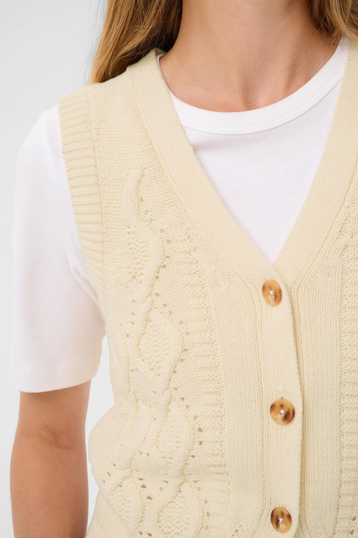 Vue de face veste sans manches Part Two femme beige en maille torsadée - Valérie Simon