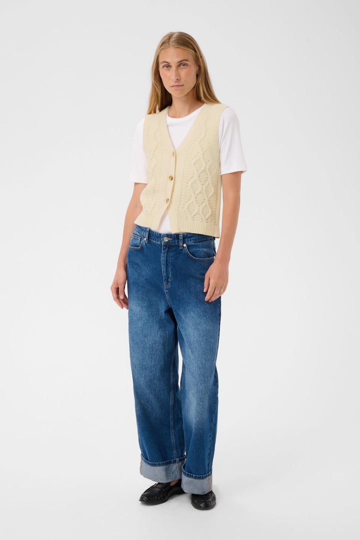 Vue de face veste maille torsadée Part Two pour femme crème avec détails texturés - Valérie Simon