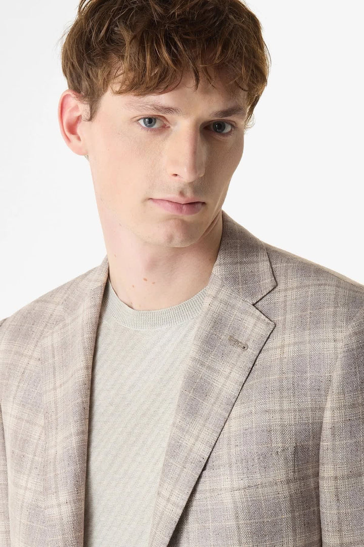 Vue de face veston à carreaux texturés Corneliani pour homme gris et bleu - Valérie Simon