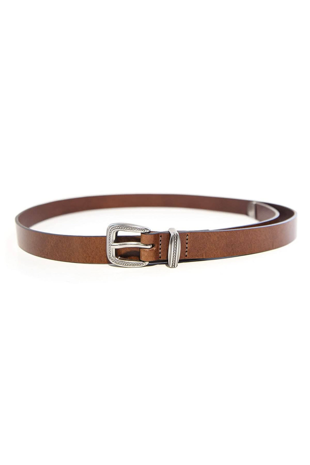 Ceinture mince en cuir marron avec boucle en métal, idéale pour définir la taille et superposer sur des robes.