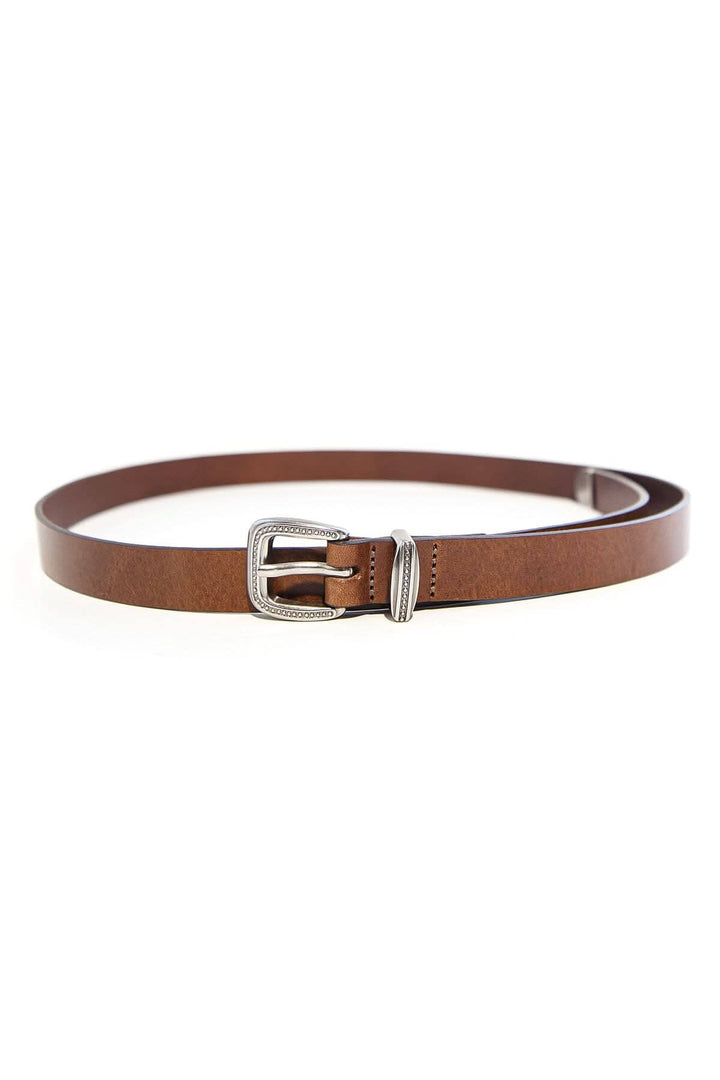 Ceinture mince en cuir marron avec boucle en métal, idéale pour définir la taille et superposer sur des robes.