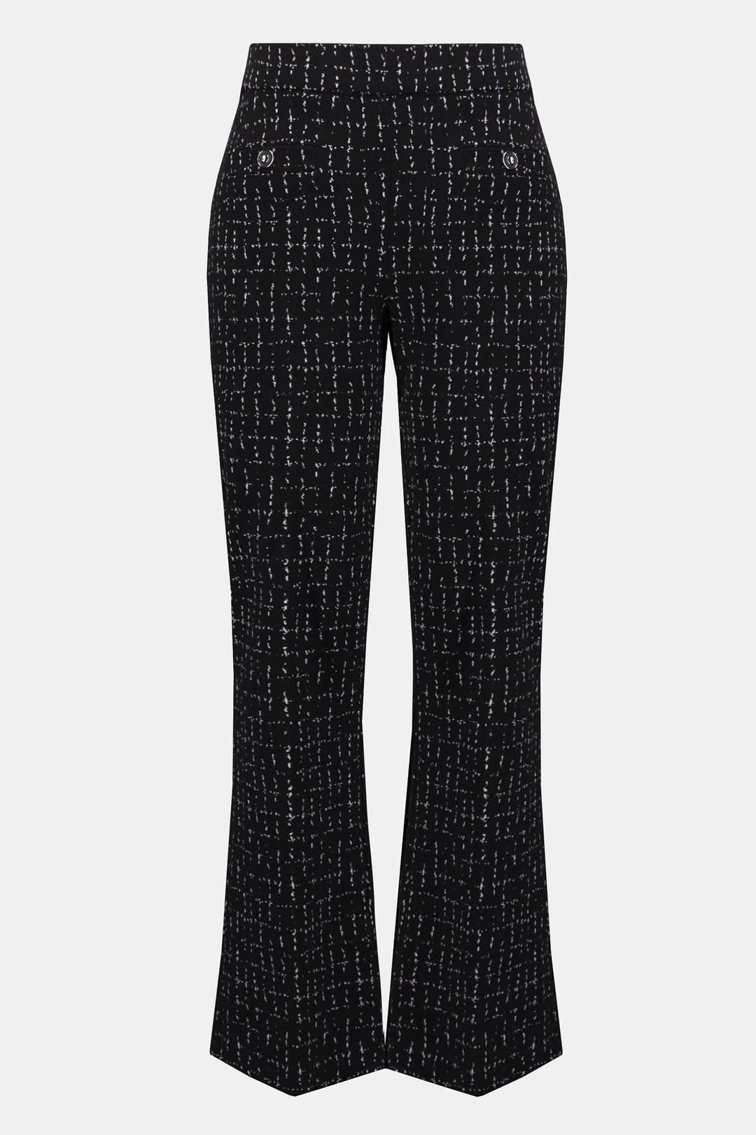 Pantalon évasé noir avec motif quadrillé blanc, chic et moderne, idéal pour le bureau ou une soirée.