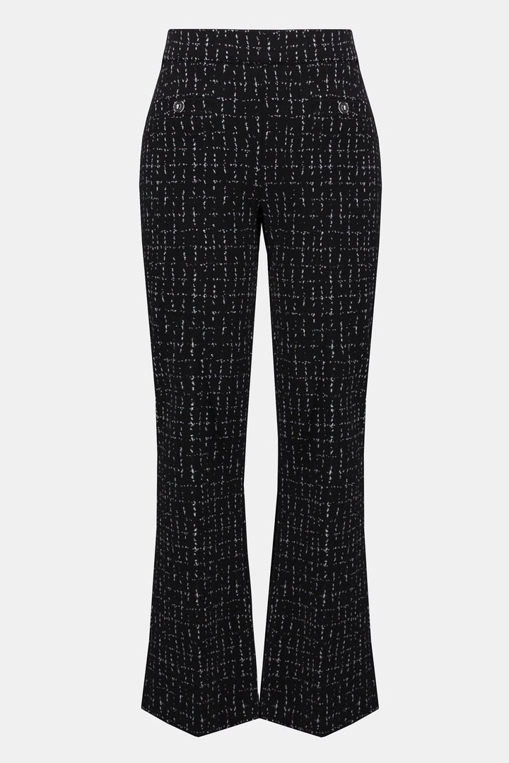Pantalon évasé noir avec motif quadrillé blanc, chic et moderne, idéal pour le bureau ou une soirée.