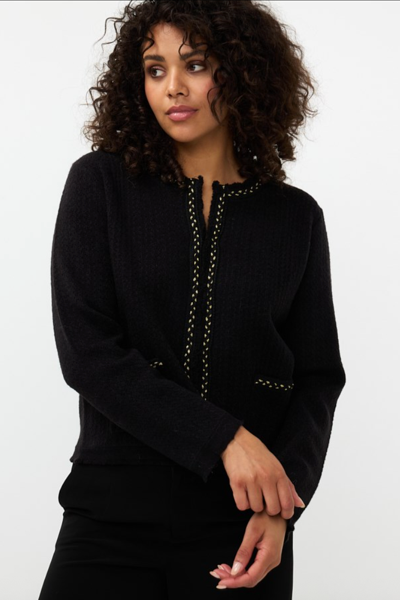Cardigan chic avec col rond ouvert, détails contrastants et style élégant, parfait pour le vestiaire féminin.