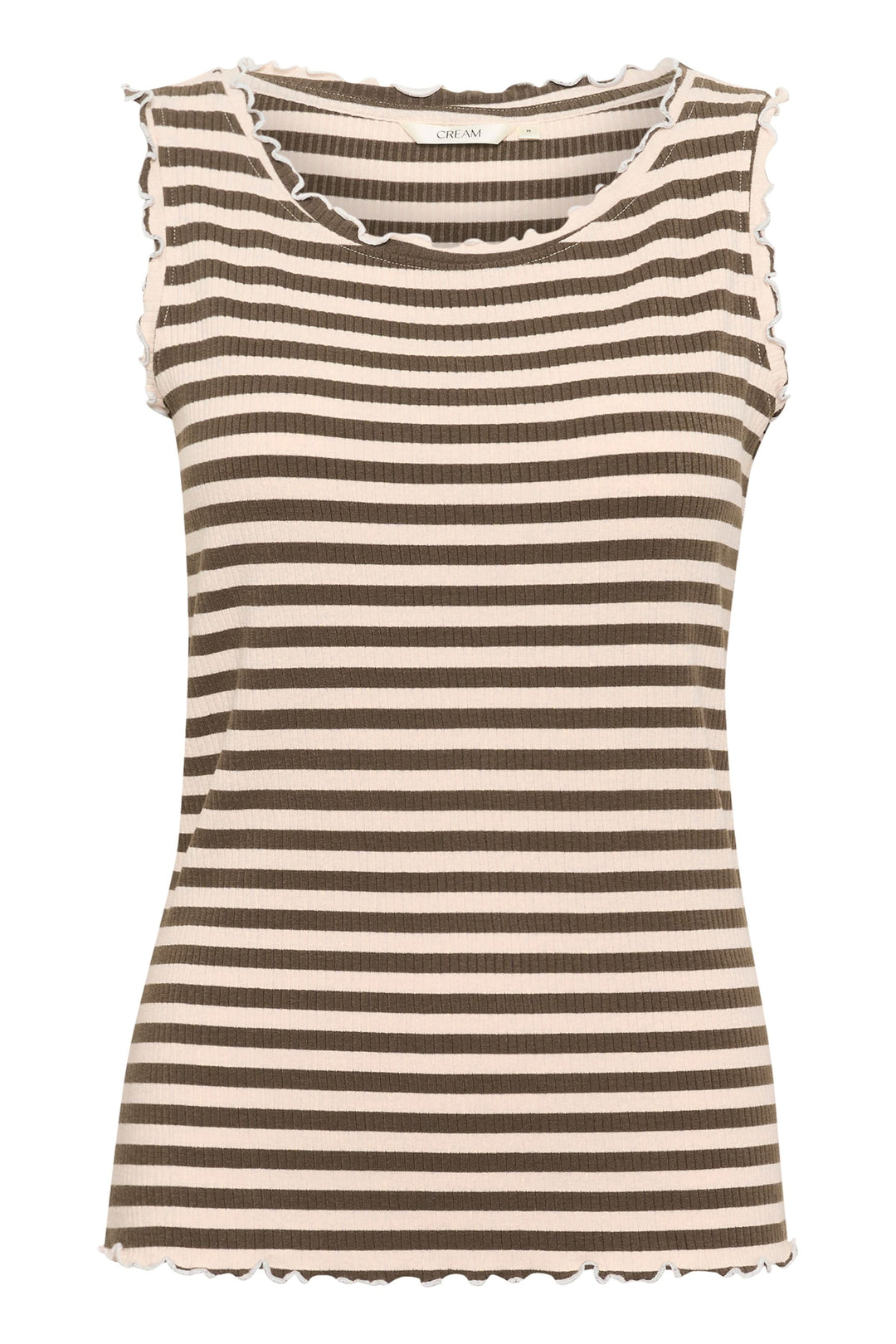 Camisole rayée en tricot côtelé avec finitions ondulées, style décontracté et ajusté.