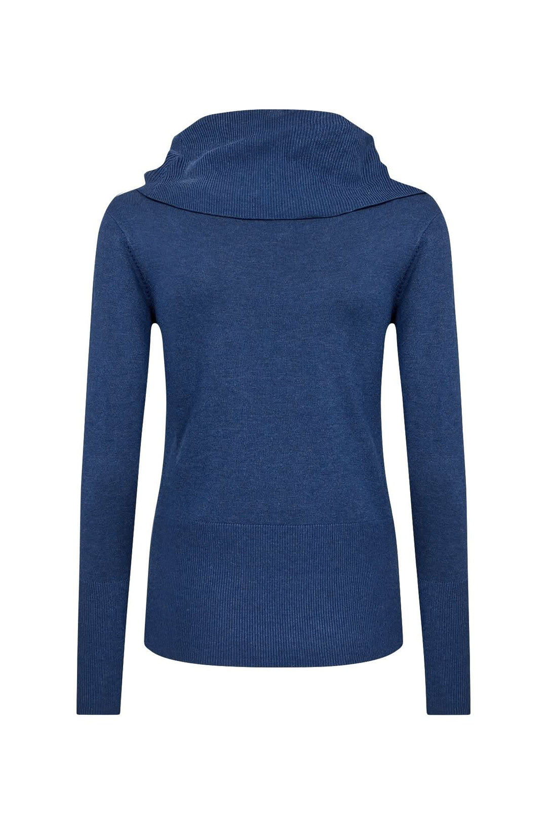 Chandail à col drapé bleu, silhouette féminine, tricot doux et ajusté, parfait pour un look élégant au quotidien.