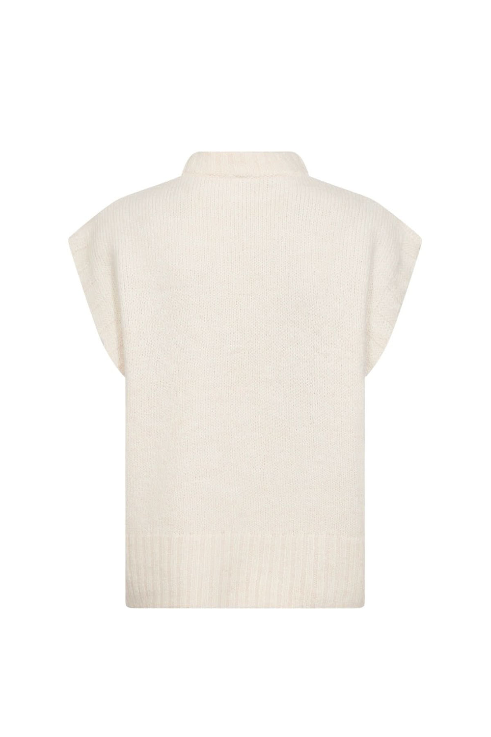 Chandail sans manches crème à col montant et finitions côtelées, vue arrière.