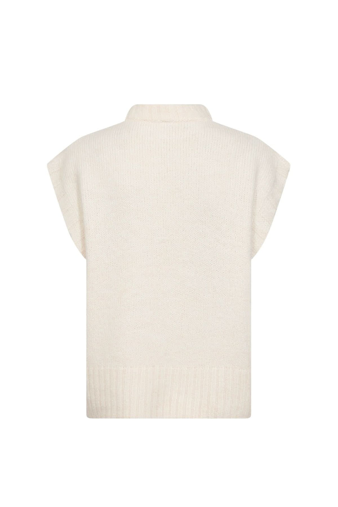Chandail sans manches crème à col montant et finitions côtelées, vue arrière.