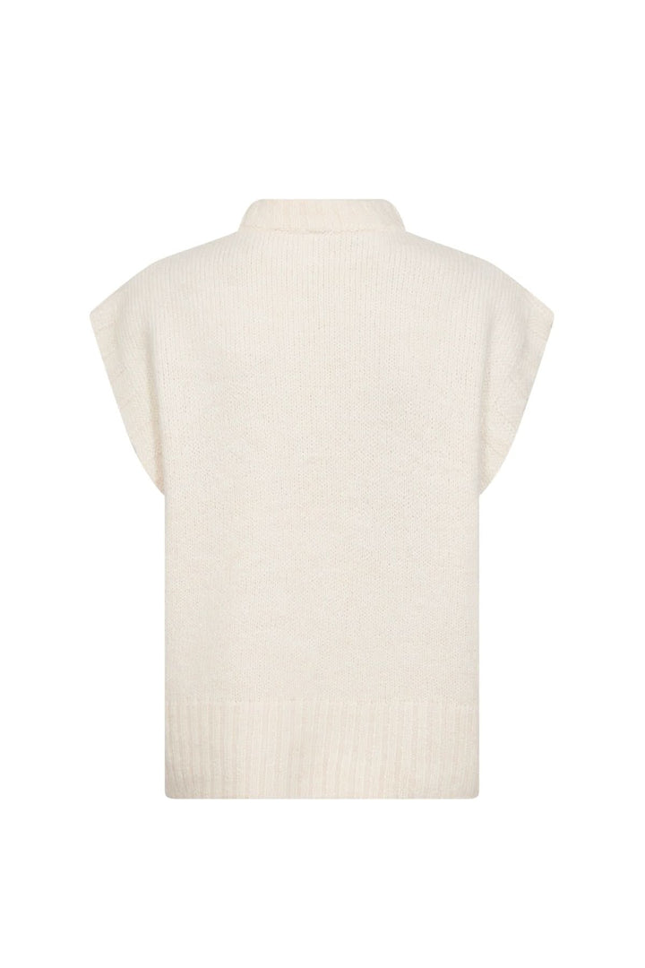 Chandail sans manches crème à col montant et finitions côtelées, vue arrière.