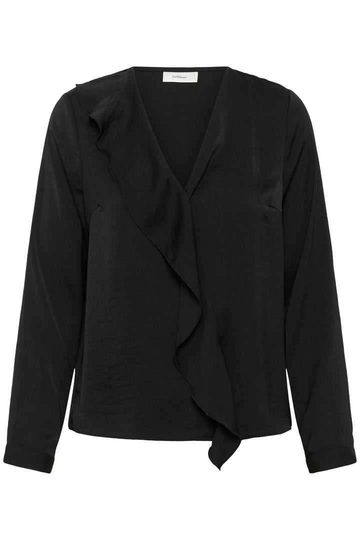 Blouse Auda noire avec col en V et détail volanté pour un look élégant et moderne.