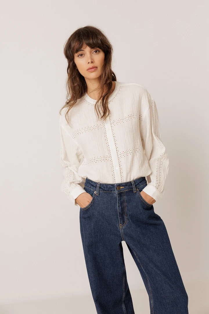 Long-Sleeve Openwork Blouse 