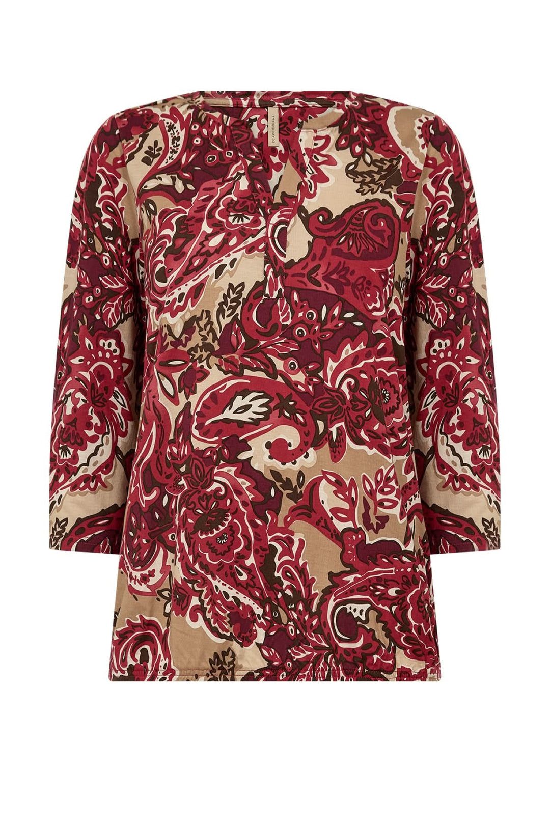 Blouse à encolure en V, motif floral rouge et beige, manches 3/4, style féminin et léger.