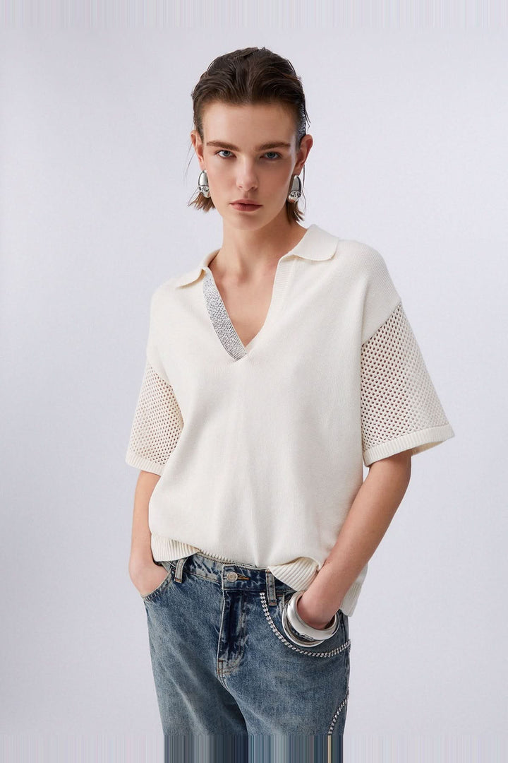 Chandail en maille avec col polo et strass