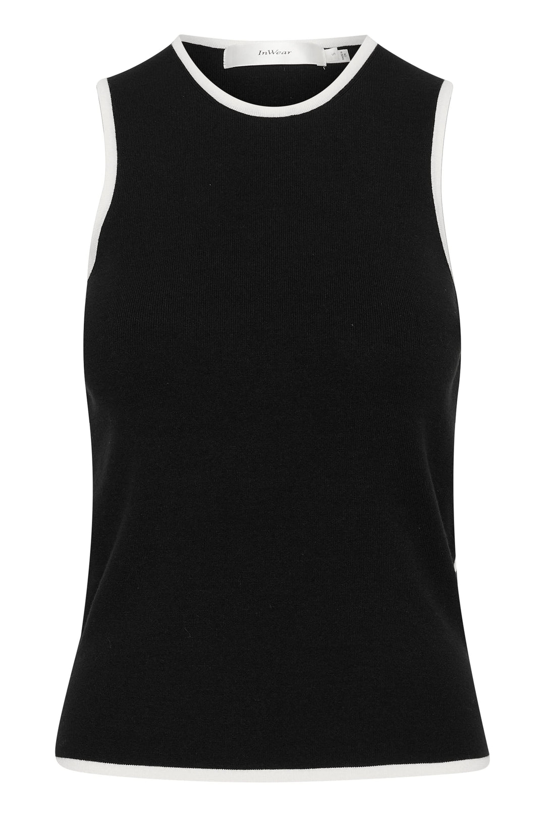 Camisole sans manches noire à encolure ronde avec liseré contrastant, coupe ajustée et douce texture.