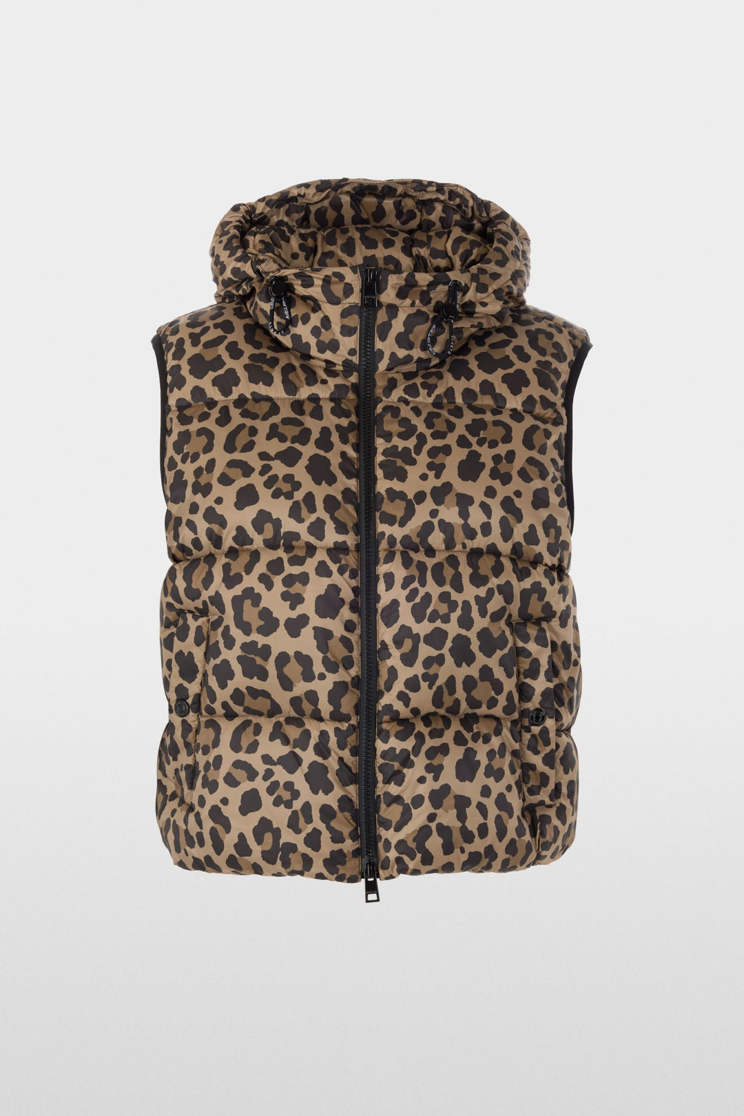 Veste matelassée à imprimé léopard et capuchon, élégante et confortable, idéale pour superposer et mi-saison. Décris moi le produit en français.