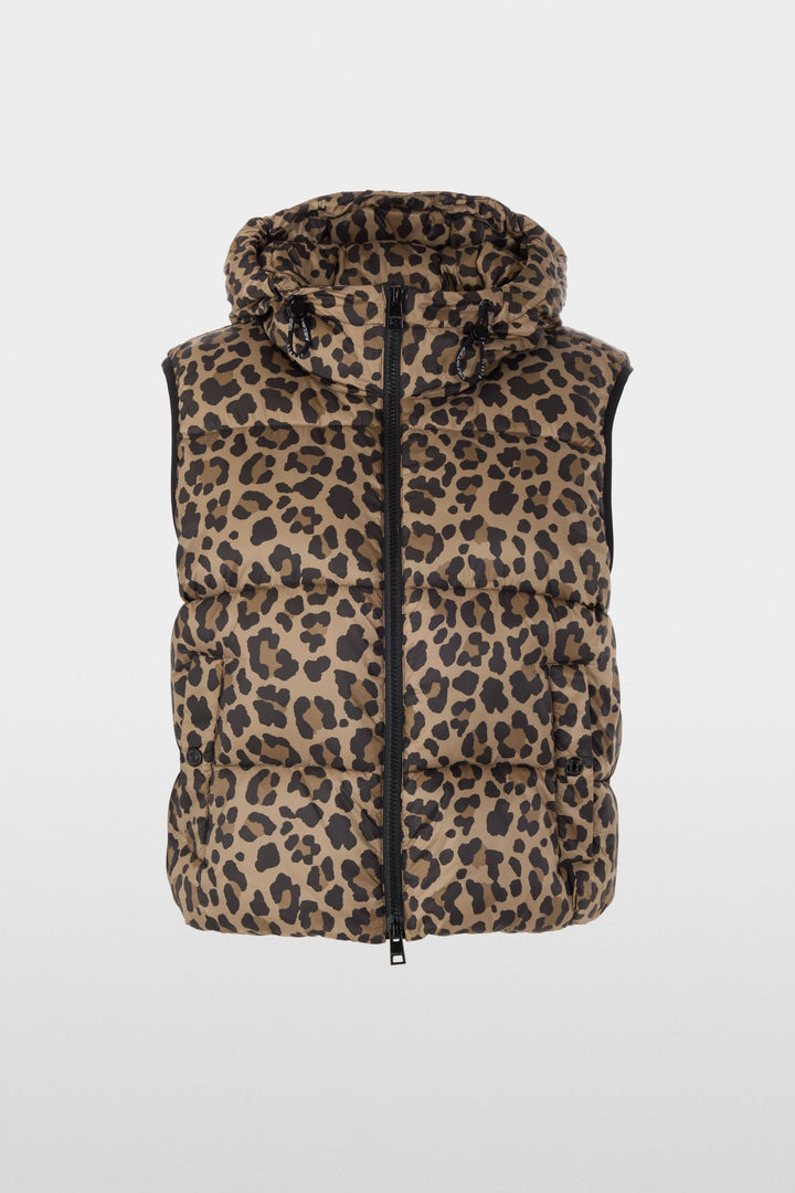 Veste matelassée à imprimé léopard et capuchon, élégante et confortable, idéale pour superposer et mi-saison. Décris moi le produit en français.