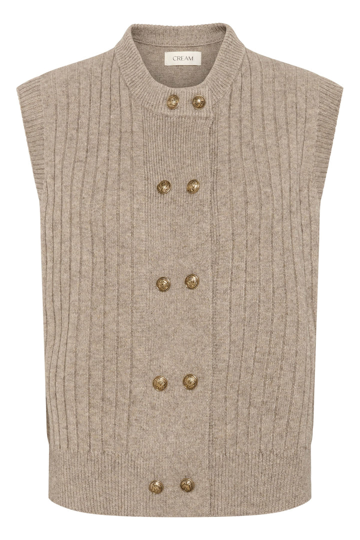 Veste Eroka sans manches en tricot à boutons dorés, chic et élégante, style côtelé idéal pour superposer avec des chemises ou pulls.