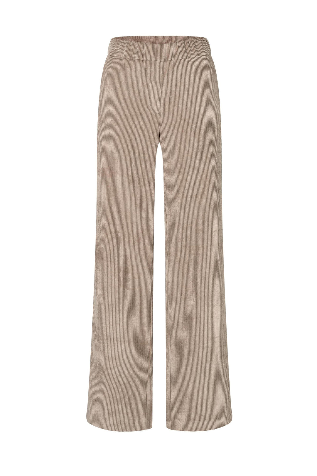 Pantalon en velours côtelé beige à jambe large, taille élastique, idéal pour un look chic et sophistiqué.
