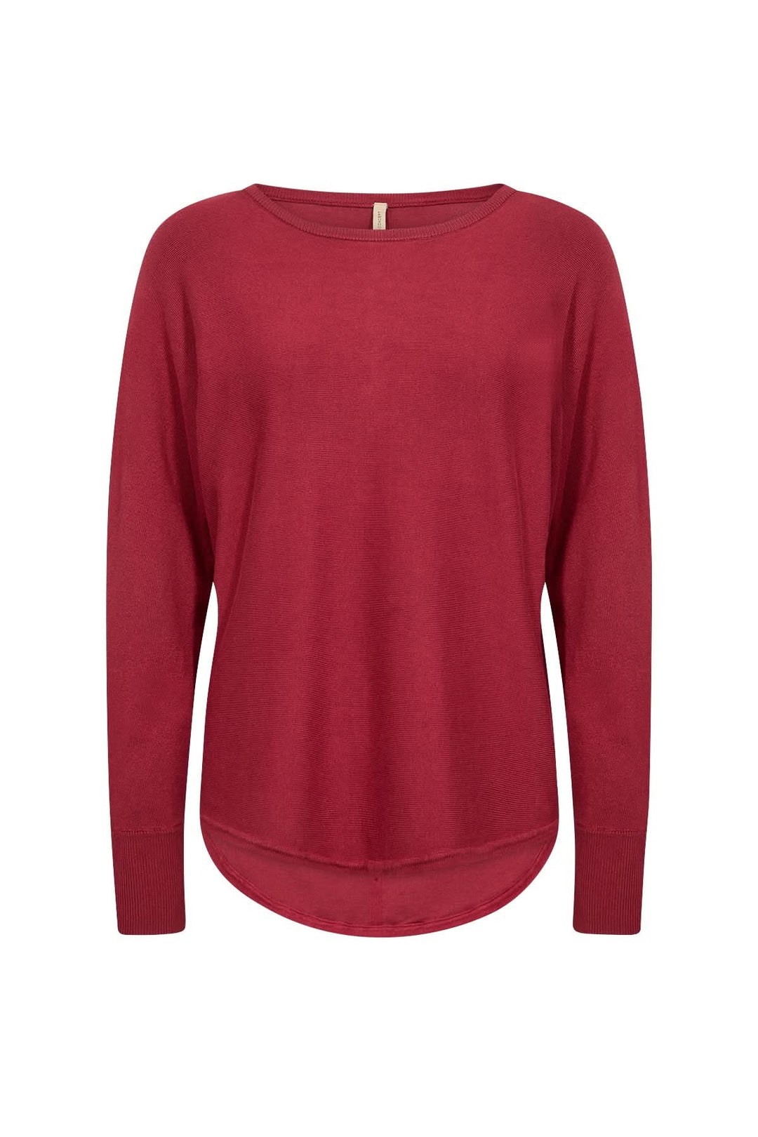 Chandail léger rouge à encolure ronde et ourlet arrondi, manches longues pour un look décontracté chic.