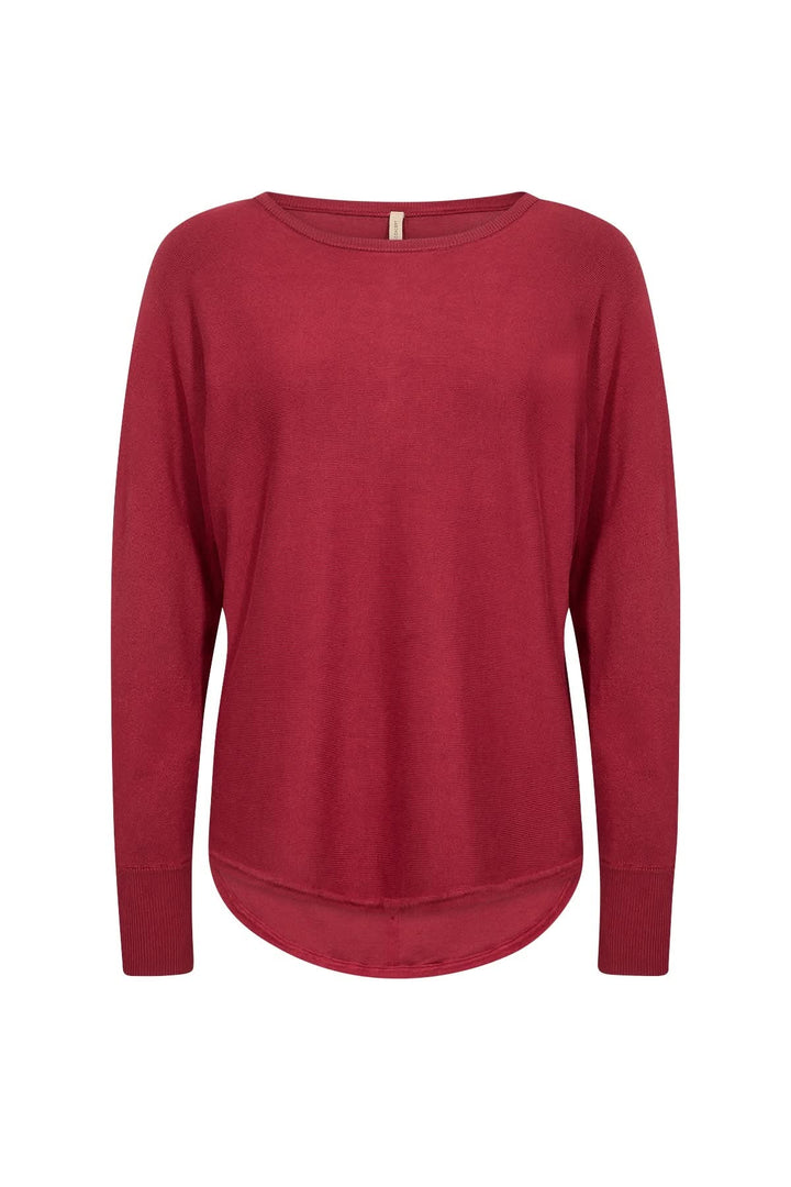 Chandail léger rouge à encolure ronde et ourlet arrondi, manches longues pour un look décontracté chic.