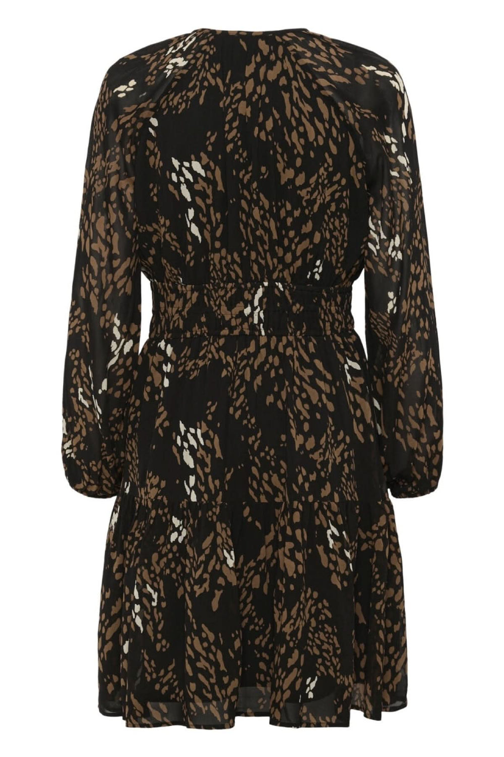 Robe courte à motif Averie avec manches longues, coupe évasée et taille smockée pour un look fluide et féminin. Parfaite pour toute occasion.