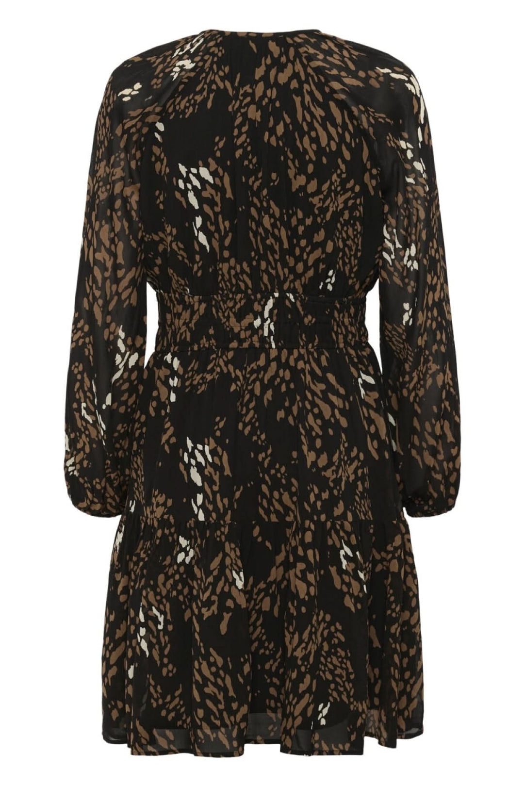 Robe courte à motif Averie avec manches longues, coupe évasée et taille smockée pour un look fluide et féminin. Parfaite pour toute occasion.