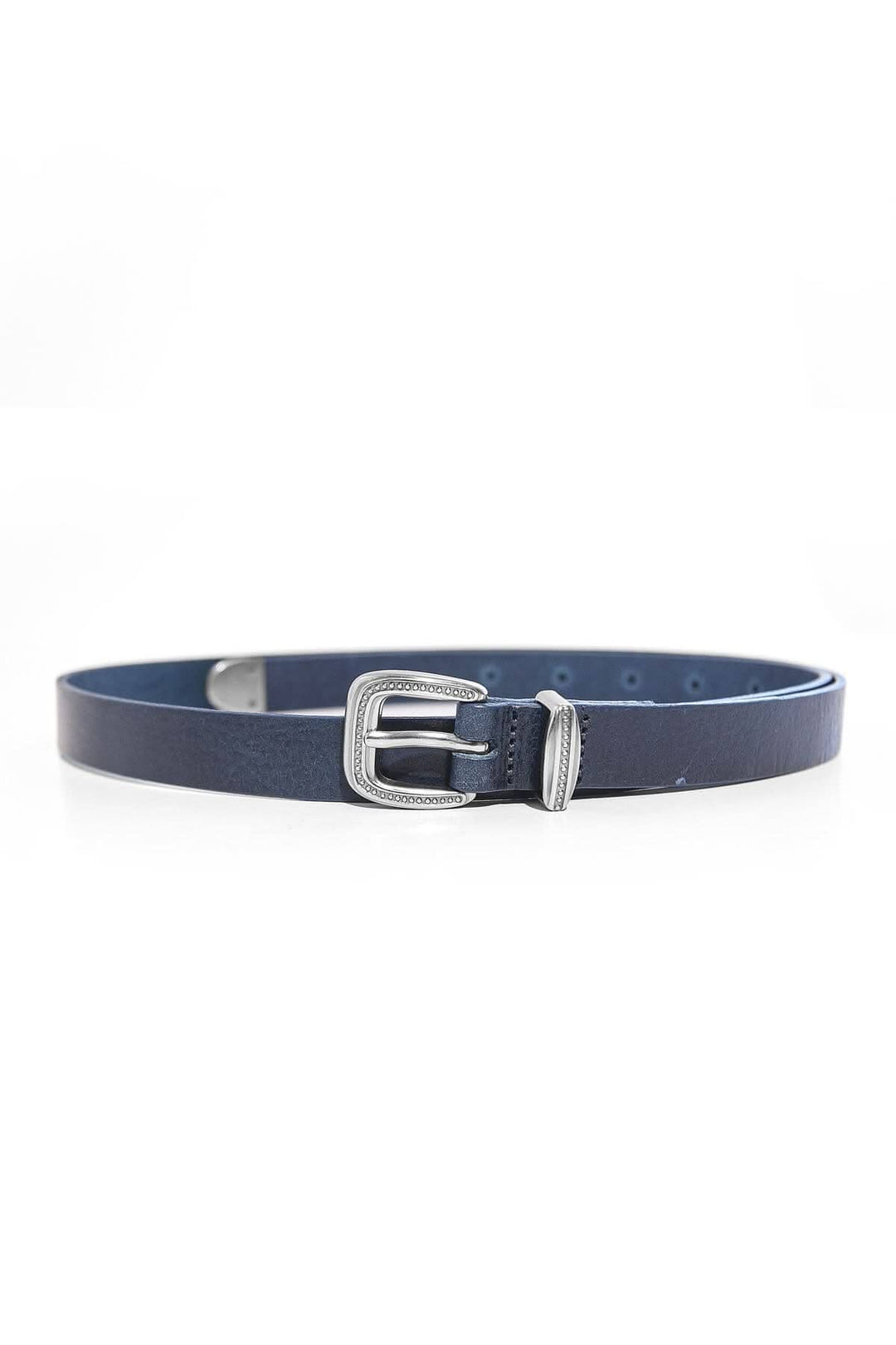 Ceinture mince en cuir bleu avec boucle en métal, parfaite pour définir la taille sur une robe, longueur 92cm.