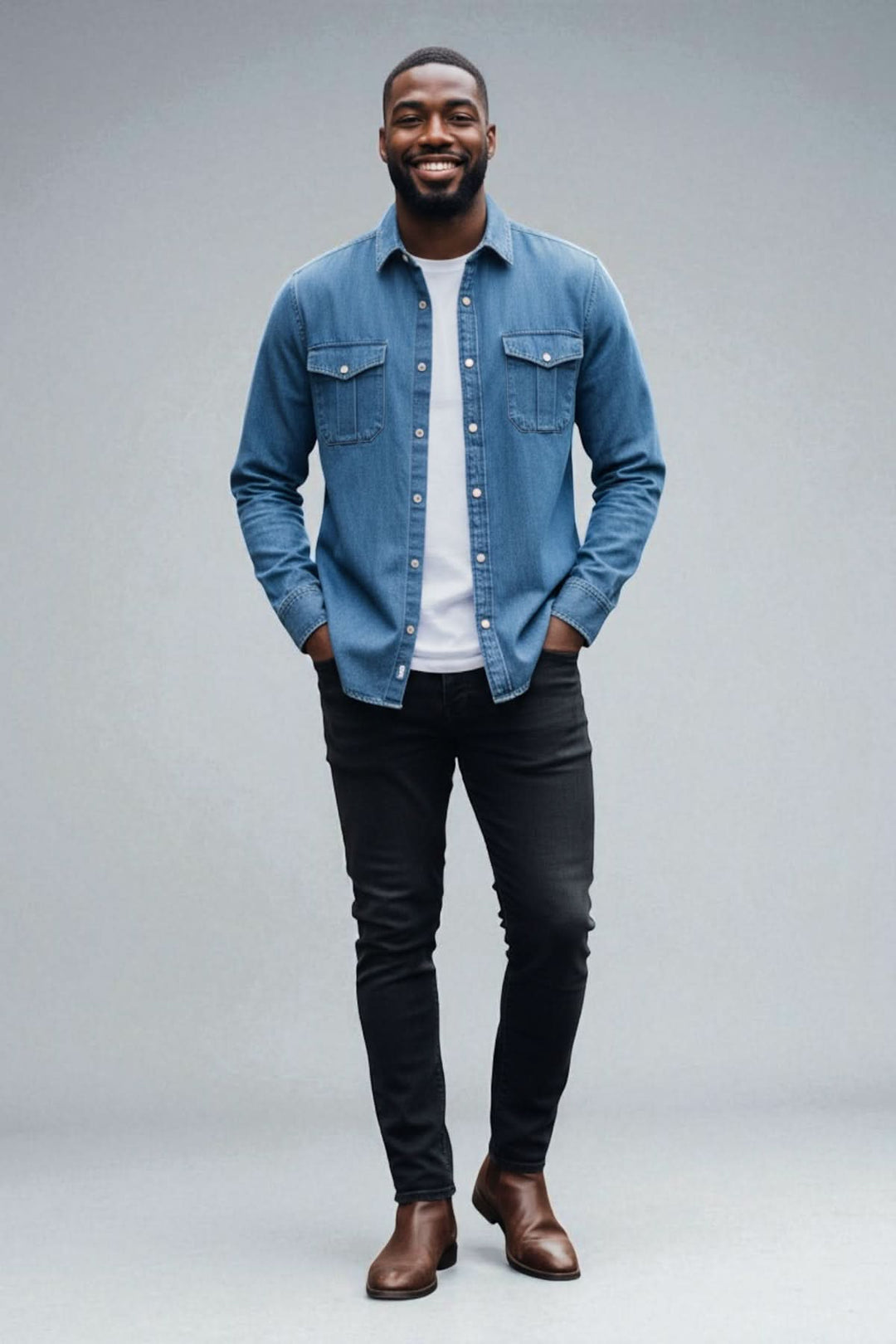 Homme portant une chemise en denim poches poitrine et boutons nacrés avec style décontracté et élégant.