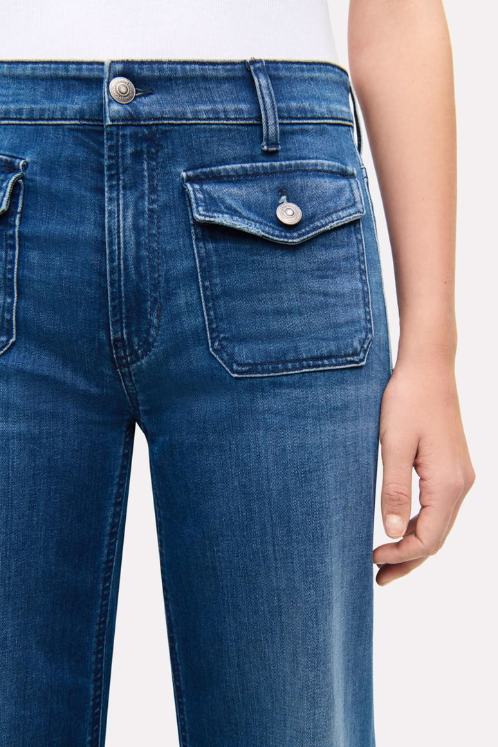 Jean Aimee patched pocket, wide-fit denim, featuring stylish front pockets with refined buttons, perfect for elegant looks.
