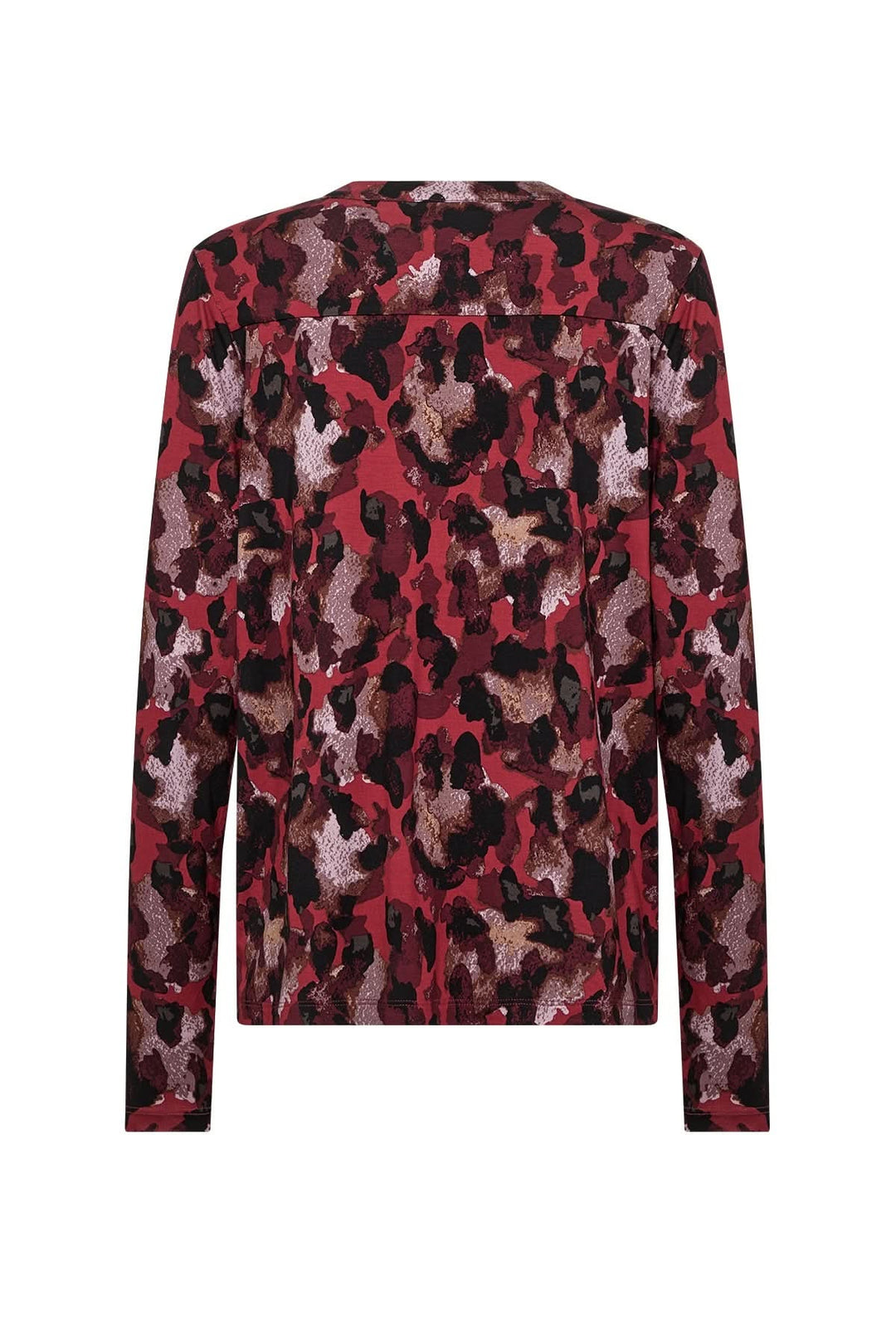 Blouse imprimée au dos, motif abstrait rouge et noir, avec encolure ronde et manches longues.