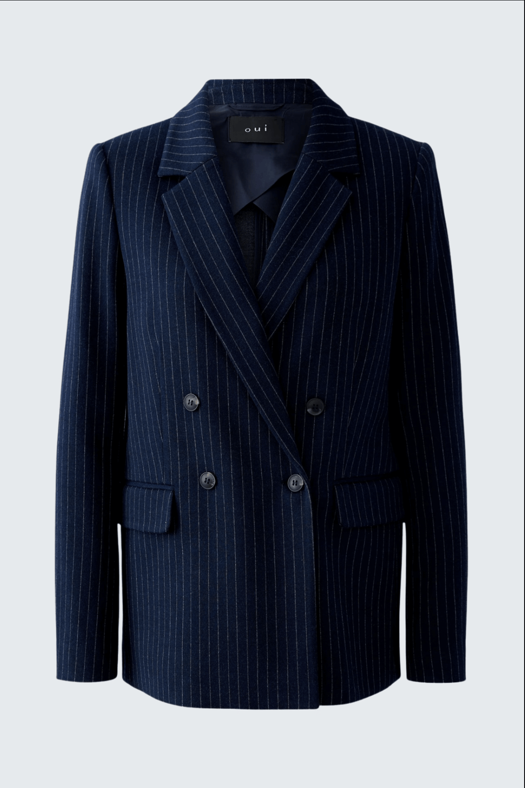 Veston en jersey doux à rayures, coupe décontractée, double boutonnage, coloris bleu marine.