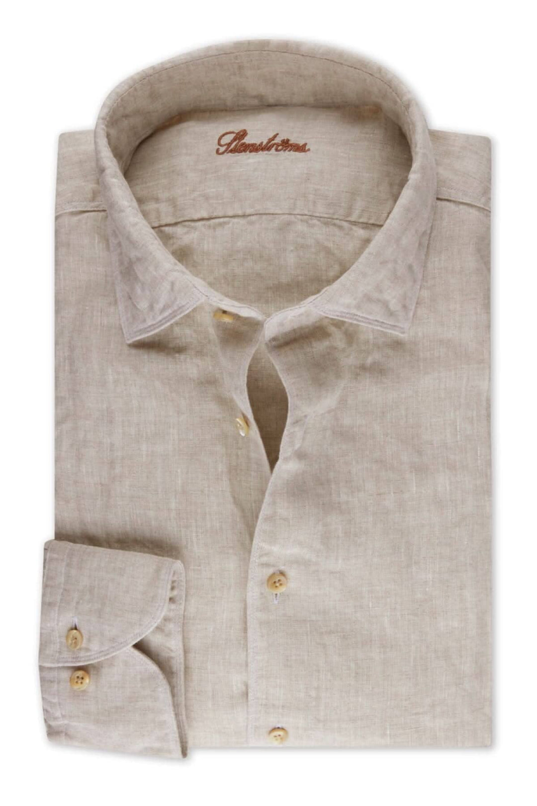 Chemise en lin beige, légère et respirante, avec col classique et boutons, idéale pour l'été.