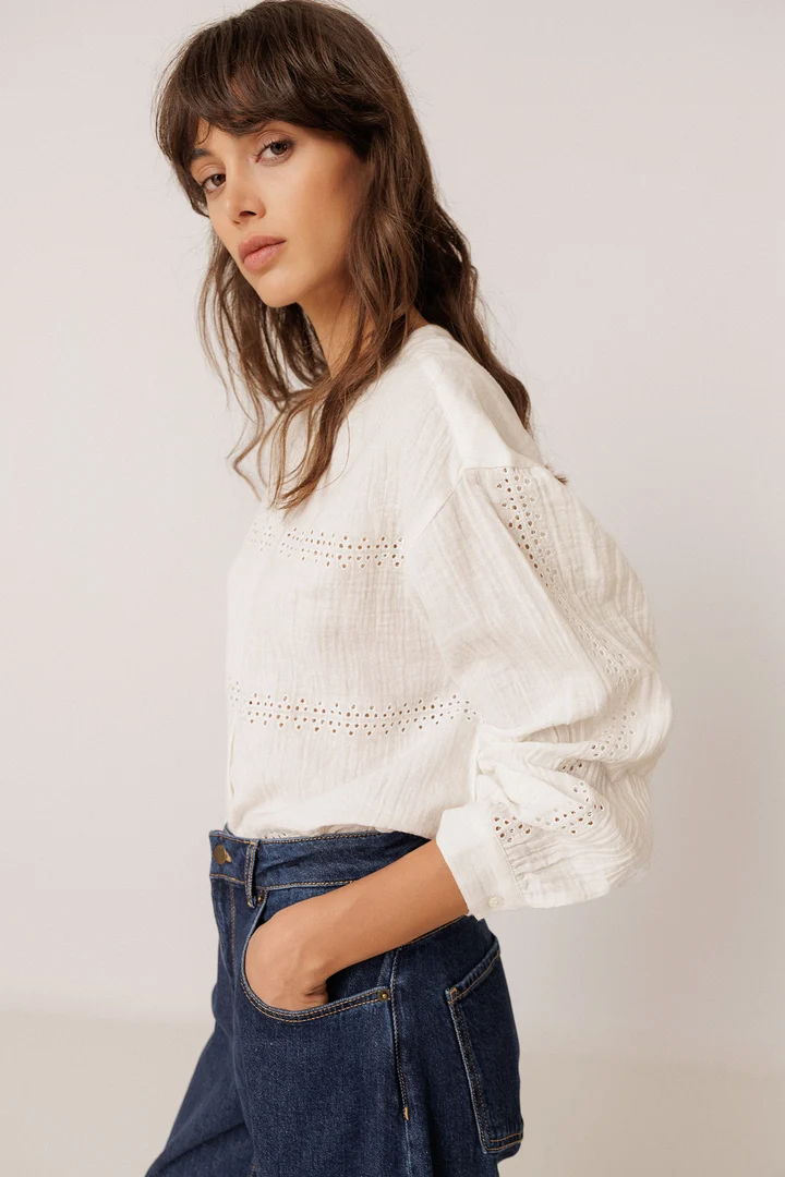 Long-Sleeve Openwork Blouse 