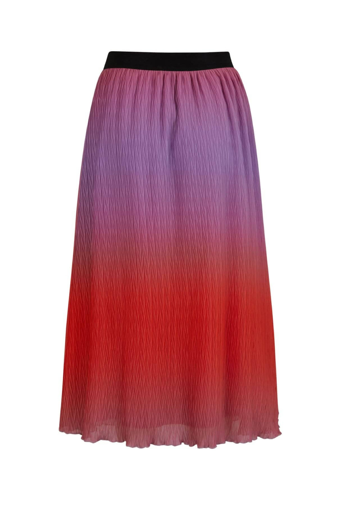 Jupe plissée dégradé avec nuances de rouge et violet, bande élastique noire, longueur jusqu'aux mollets.